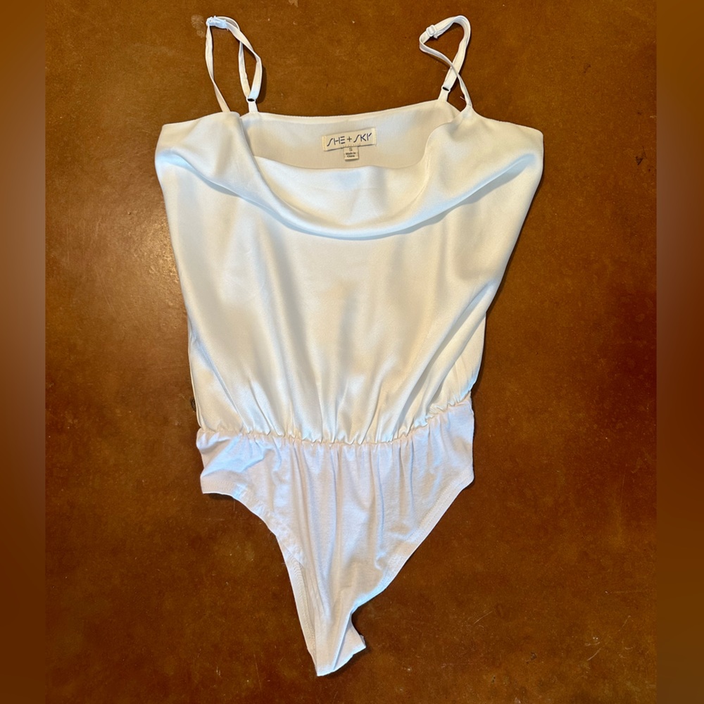 She + Sky White Bodysuit. Size small. Silk material. Worn once